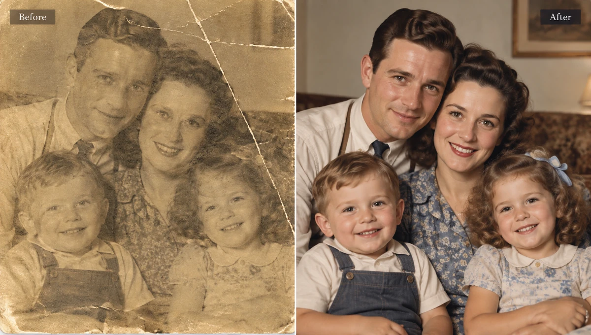 Before and after old family photo restoration example with repaired damage and restored color